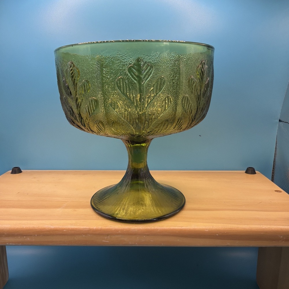 Vtg 1978 Olive Avocado Green Pressed Glass Oak Leaf Design Pedestal Vase Dish
